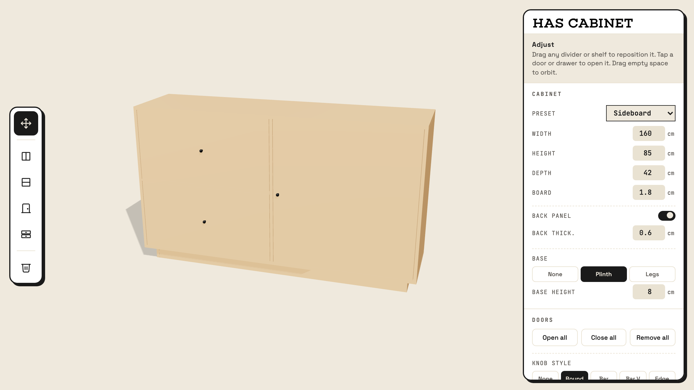 HAS Cabinet: a 3D sideboard cabinet with doors, beside a control panel for dimensions, base, doors, and knob style