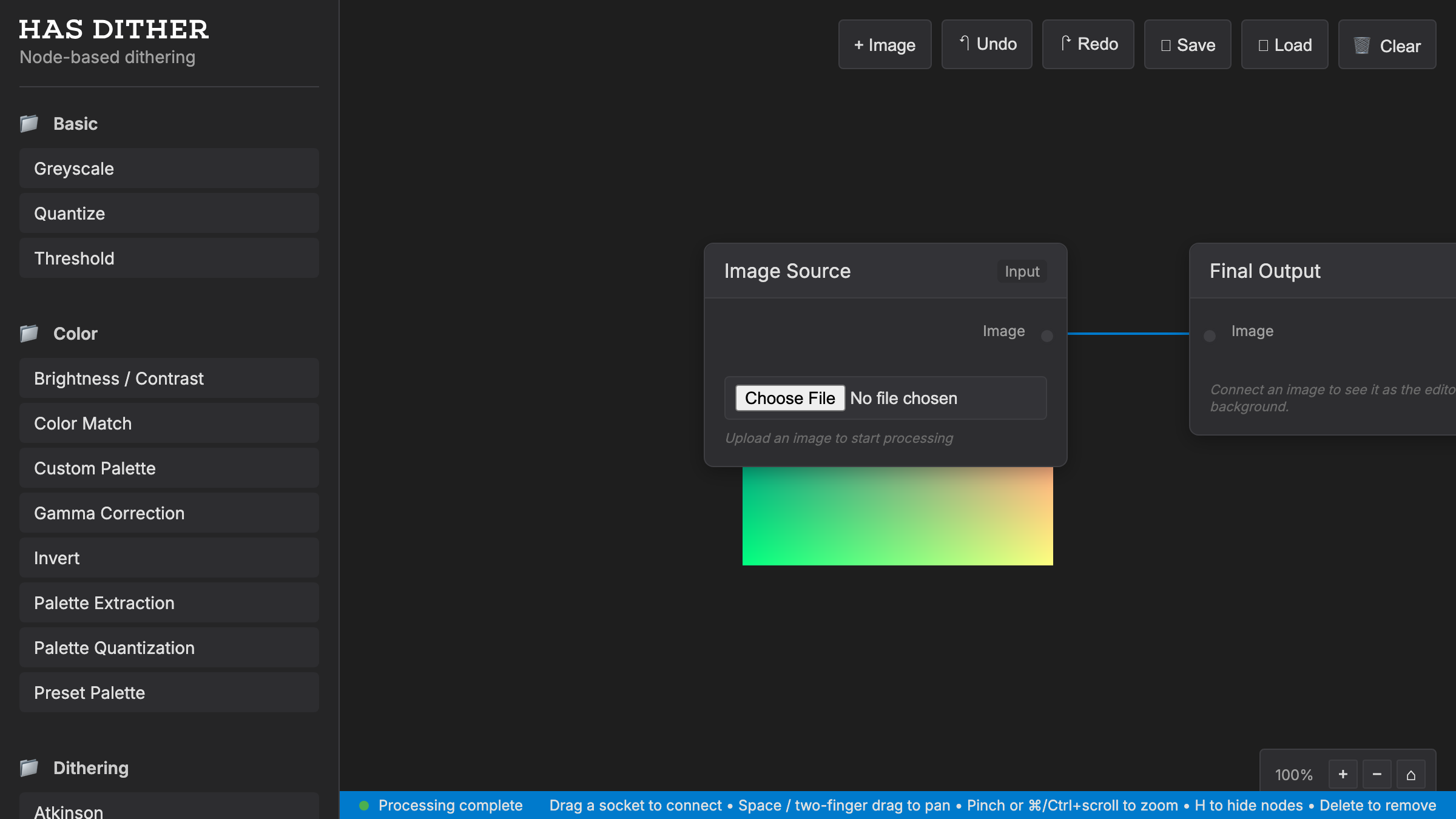 HAS Dither: a node graph wiring an image source into output nodes, over a colorful gradient preview, with a palette of dithering nodes on the left