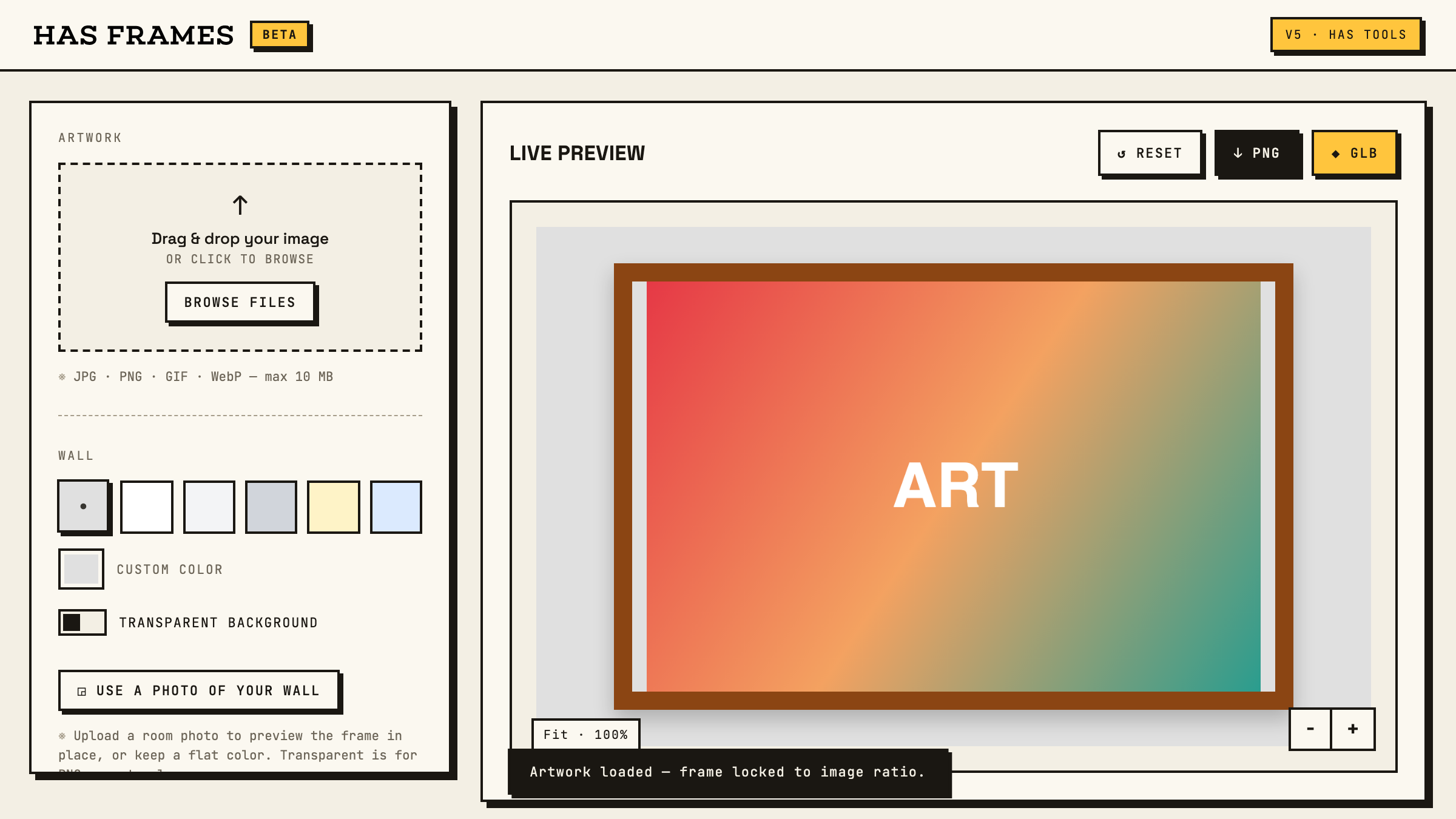 HAS Frames: an uploaded artwork shown in a classic wood frame on a wall, with controls for artwork, wall color, and frame style