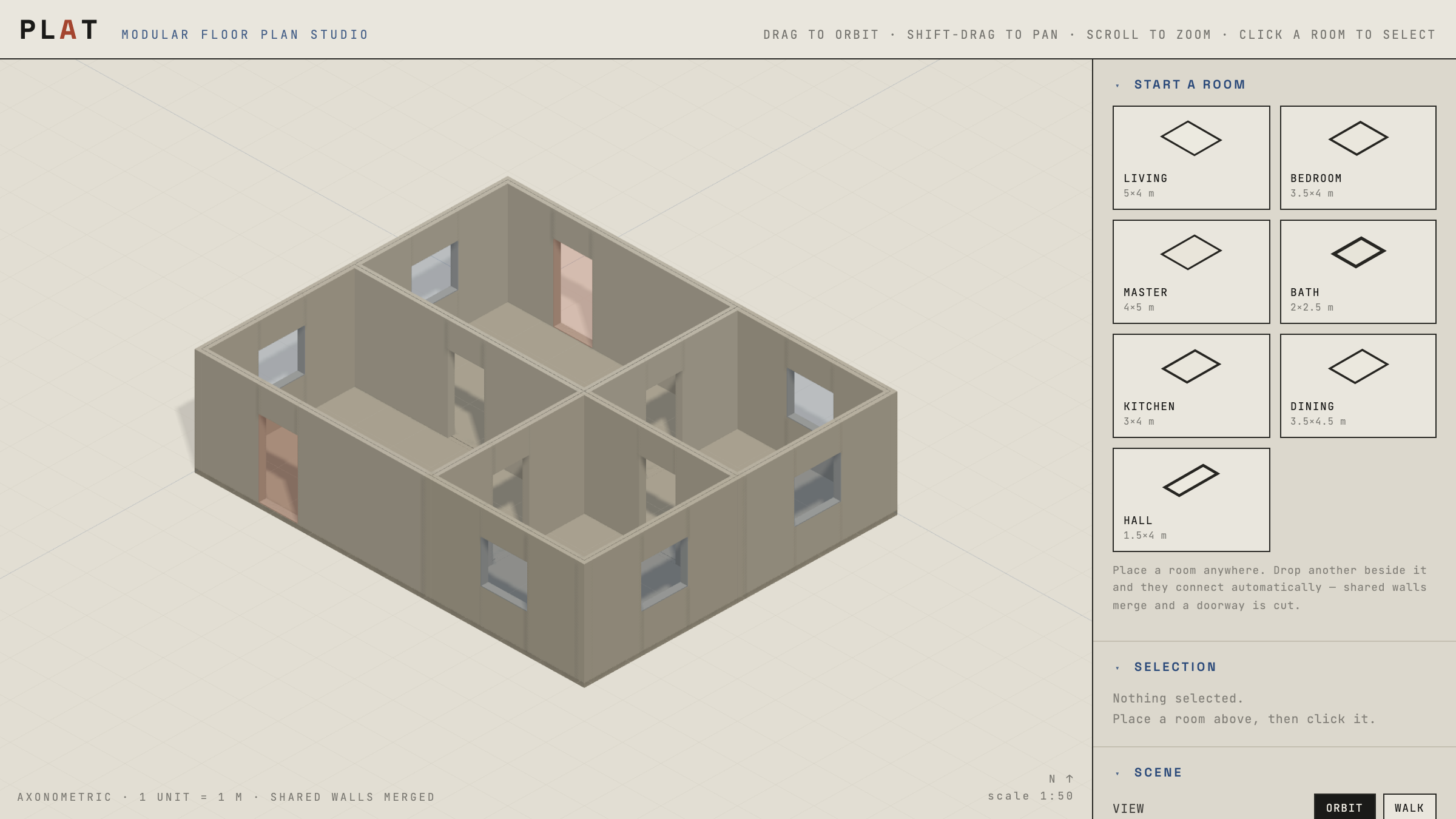 PLAT: an axonometric 3D floor plan of four connected rooms with windows and doorways, beside a palette of room templates